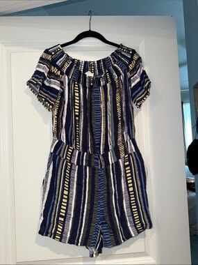 LOFT Striped Mini Romper in Navy, White & Yellow